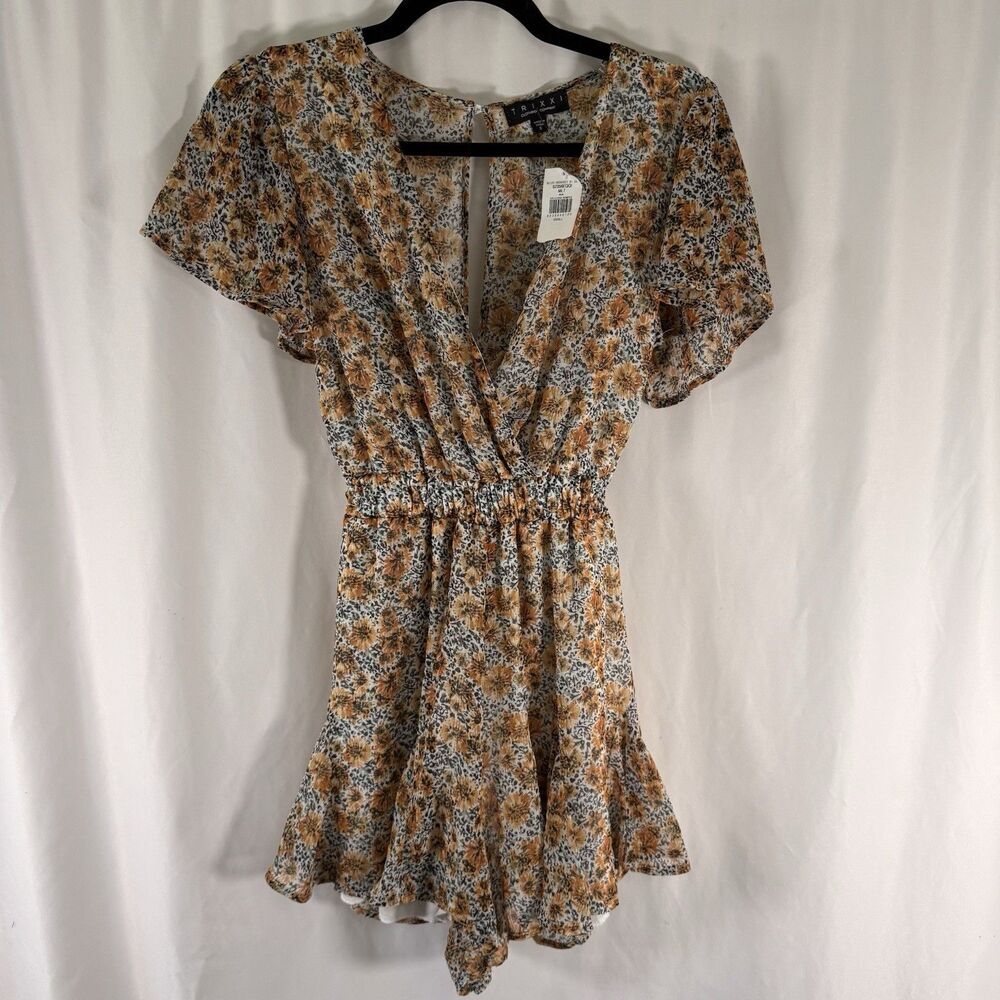 New TRIXXI Clothing Romper Womens Small Yellow Floral Pullover Short Sleeve